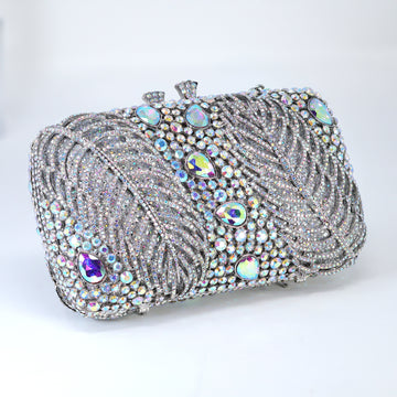 Silver Blue AB Crystal Embellished Falling Feathers Wedding Clutch, Statement Bag, Evening Wedding Clutch, Cross Body Bag